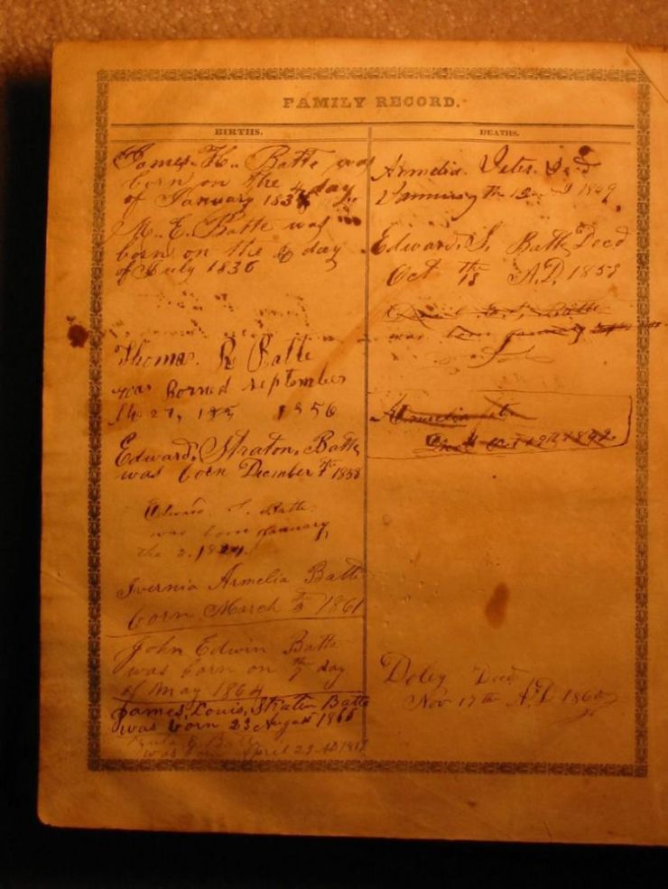 Batte Family Bible Births & Deaths