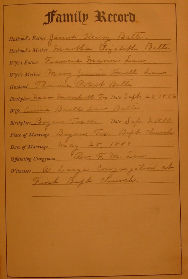 Batte Family Bible 1907 Family Record