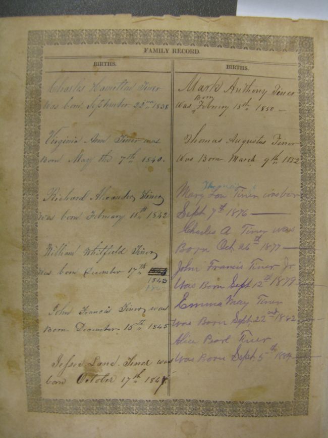 Tiner Family Bible Births p. 1